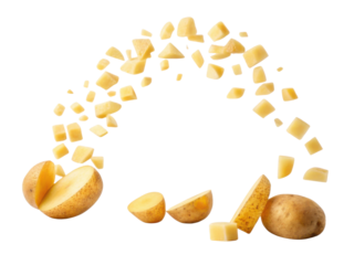 Fresh potato slices and cubes create dynamic display, showcasing versatility of this beloved vegetable in various culinary delights