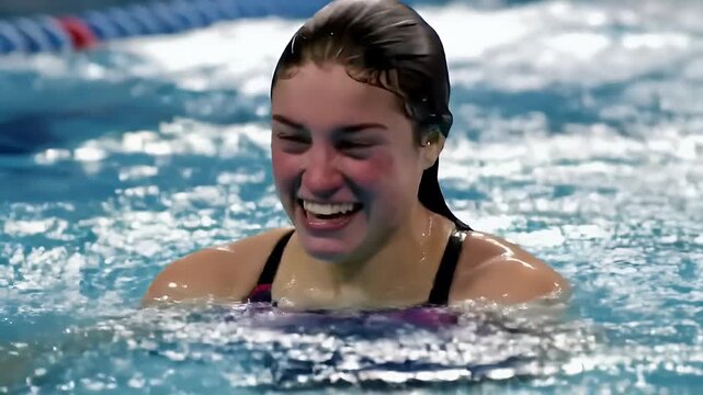 Swimmer with wet hair emerging from pool, laughing, eyes squinted shut