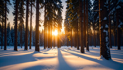 Winter Sunset Forest Snow Trees.