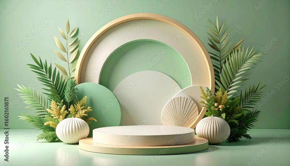 Poster elegant display of minimalist decorative plates with greenery studio setting photography bright and 