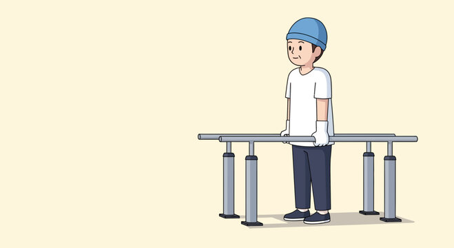 A cartoon illustration of a person standing near parallel bars, looking ahead.