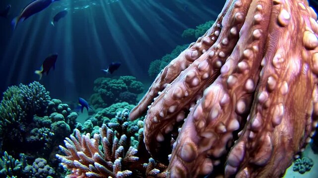 vivid underwater 4K footage octopus moving colorful coral reef ideal educational content marine documentaries ocean themed animation backgrounds naturalistic