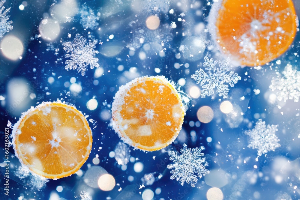 Poster frozen orange slices dusted with snow fall against a bokeh-filled dark blue background. intricate sn