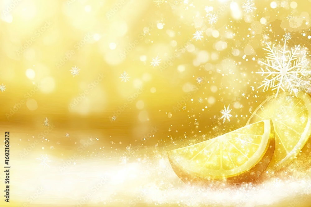 Poster golden citrus slices dusted with sparkling snow, set against a bokeh backdrop of warm yellow and gol