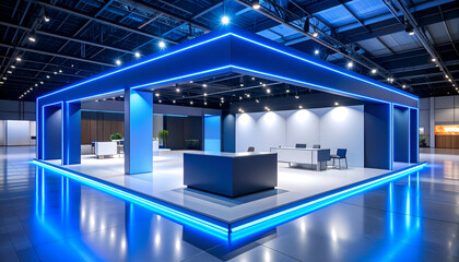 Modern trade show booth with blue lights.