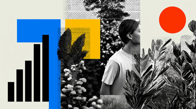 Abstract halftone collage with vintage coin textures, stock charts, and sprouting plants layered in modern editorial style using bold cutouts, glitch effects, and vivid accent colors for financial gro