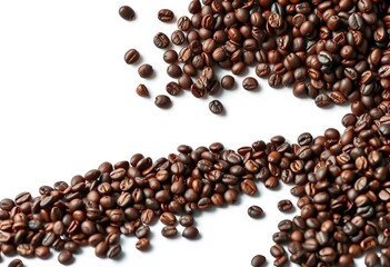 Obraz premium Dark roasted coffee beans cascade down against a pristine white backdrop, brown, food