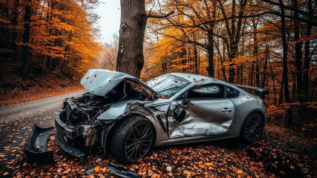 Wrecked silver sports car on a forested road covered in autumn leaves and debris from a collision footage.
