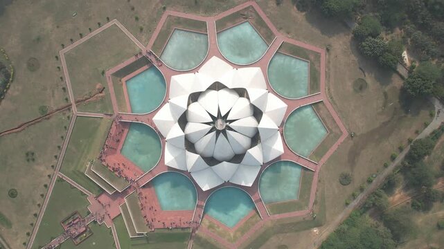 Aerial Drone shot of Lotus Temple a Buddhist temple pagoda in New Delhi India 