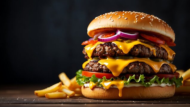Hearty double cheeseburger with two beef patties and abundant melted cheese, served with golden crispy fries.