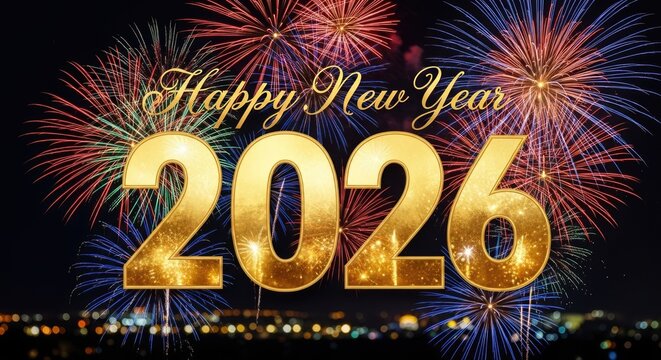 Happy New Year 2026 text with gold numbers, festive fireworks background and shimmering confetti for celebration banner, card, flyer template