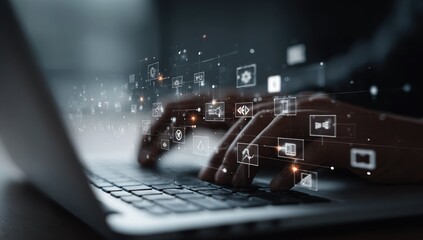 Hands typing on laptop, digital interface overlay