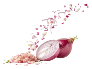 Fresh shallots sliced and diced create vibrant display of culinary potential. rich purple skin and white flesh enhance any dish