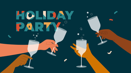 Holiday party invitation, greeting card. Vector illustration of diversity male, female hands holding champagne or wine glass. People hold cocktail drink. Cheers, celebration, new year, merry christmas