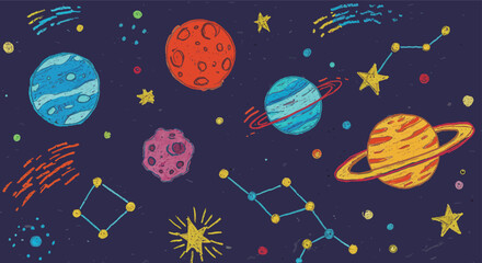 Funky crayon drawn planets, asteroids, stars and constellations. Doodle outer space childish icons set. Crayon drawings of night sky or galaxy symbols. Childish cosmic illustration. Pencil texture.