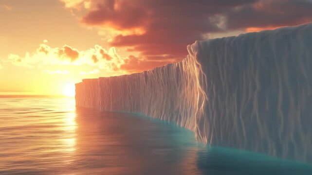 Ice cliff at sunset over a tranquil sea