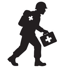 Medic silhouette carrying medical bag and backpack soldier