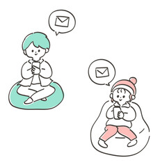 スマートフォンでメッセージを送り合う若い男女のイラスト