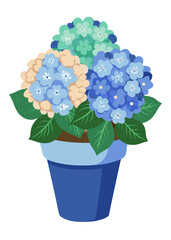 Illustration of potted hydrangea flowers blue green and beige in colorful flowerpot vector art