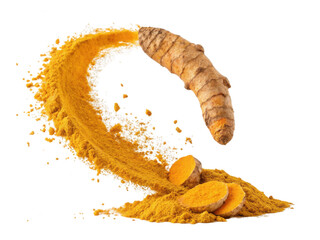 Naklejka premium Turmeric root and powder create vibrant display of color and texture showcasing spice natural beauty and health benefits