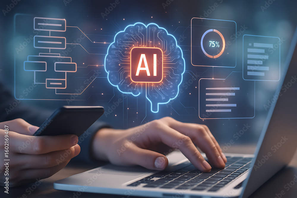 Poster smart artificial intelligence system in modern digital technology environment with glowing neural ne