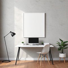 blank canvas frame mockup in home office workspace featuring isolated A4 paper size desk setup with concrete wall background showcasing bookshelves and modern Scandinavian design elements 3D rendered 