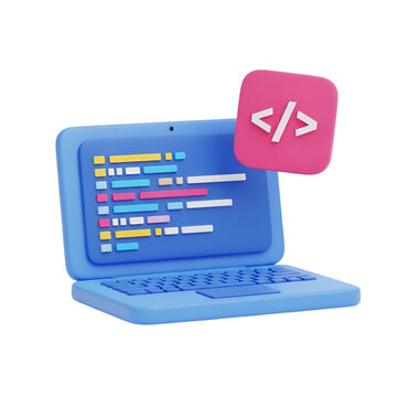 3d illustration of a laptop displaying code with a coding icon isolated on transparent background