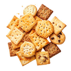 Assorted crackers and biscuits in a pile.  Various shapes and shades of golden brown.  A top-down view shows a mix of square, rectangular, and round shapes.  Some show light brown or speckled patterns
