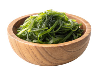 Fresh wakame seaweed salad served in wooden bowl offers vibrant green color and healthy addition to meals
