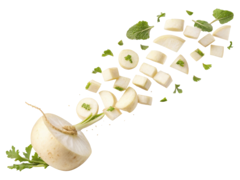 Fresh turnip slices create vibrant display of healthy ingredients showcasing turnip versatility in cooking and nutrition