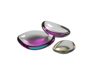 Three Glossy Translucent Pebbles Purple Teal Yellow Abstract Composition Isolated on a transparent background