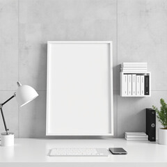 frame mockup for home office workspace in modern scandinavian design featuring iso a4 paper size on desk with concrete wall background and bookshelves perfect for art display and interior decor showca
