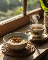 cozy, breakfast concept, creamy oatmeal with honey and walnuts , glass of tea with lemon slice on wooden table, near window with morning light. 