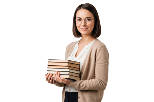 Smiling female teacher or student in glasses holding a stack of books