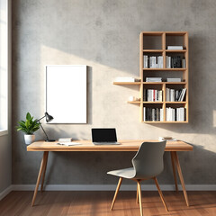 frame mockup in modern home office bright workspace design featuring iso a4 paper size on desk with concrete wall background and stylish bookshelves in scandinavian decor for creativity and inspiratio