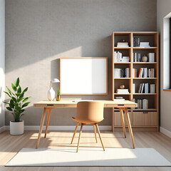 empty picture frame mockup in home office with minimalist desk workspace design featuring concrete wall background and bookshelves ideal for Scandinavian decor and A4 paper size 3D render template