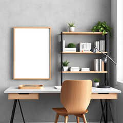 blank canvas mockup for home office modern workspace design featuring empty frame on wall with concrete background and bookshelves stylish scandinavian aesthetic spacious desk setup high resolution 3d