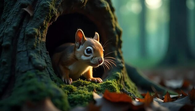 Flying squirrel softly crying in tree hole