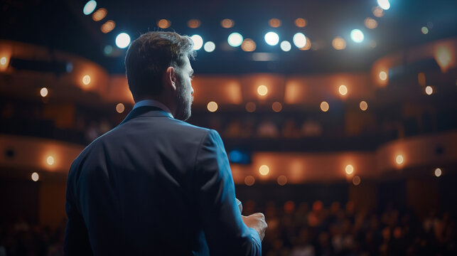 Confident Speaker Addressing Large Audience in Dramatic Theater Setting