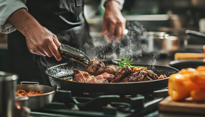 Chef cooks gourmet meats in a pro kitchen.