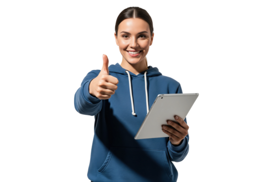 Happy young woman in a blue hoodie holding a tablet and giving a thumbs up