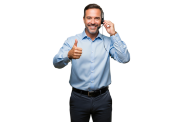 Smiling male call center agent or businessman in a headset giving a thumbs up