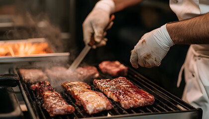 Naklejka premium Chef cooks gourmet meats in a pro kitchen.