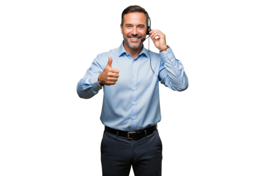 Smiling male call center agent or businessman in a headset giving a thumbs up
