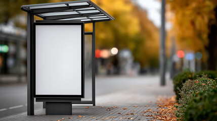 Empty advertising banner at a contemporary city trolley stop under soft daylight, surrounded by glass architecture, electric lines, and subtle urban elements for professional outdoor branding previews