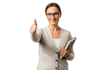 Smiling mature woman in glasses holding a book and giving a thumbs up