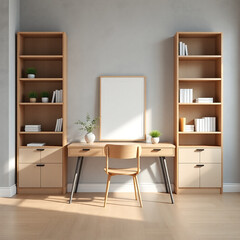 blank canvas mockup for home office decor stylish workspace design featuring iso a4 paper size modern desk setup against concrete wall with bookshelves minimalist scandinavian aesthetics 3d render ima