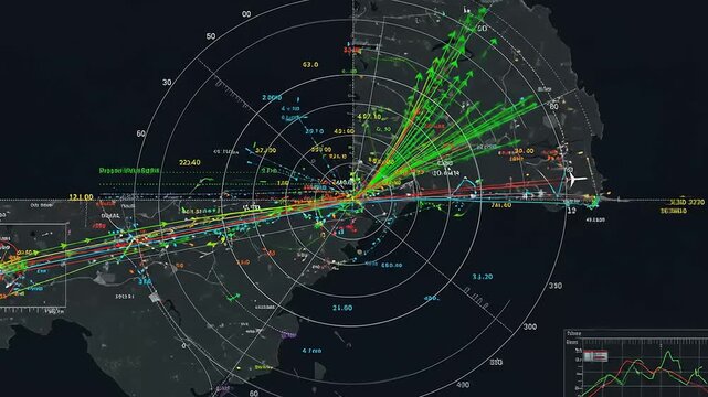 Detailed radar display showcasing air traffic patterns over a busy city, with data points and graphs