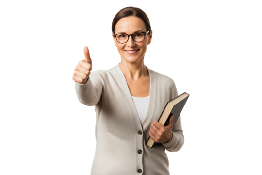 Smiling mature woman in glasses holding a book and giving a thumbs up