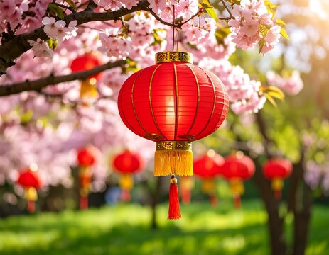 Red lanterns hanging among cherry blossoms